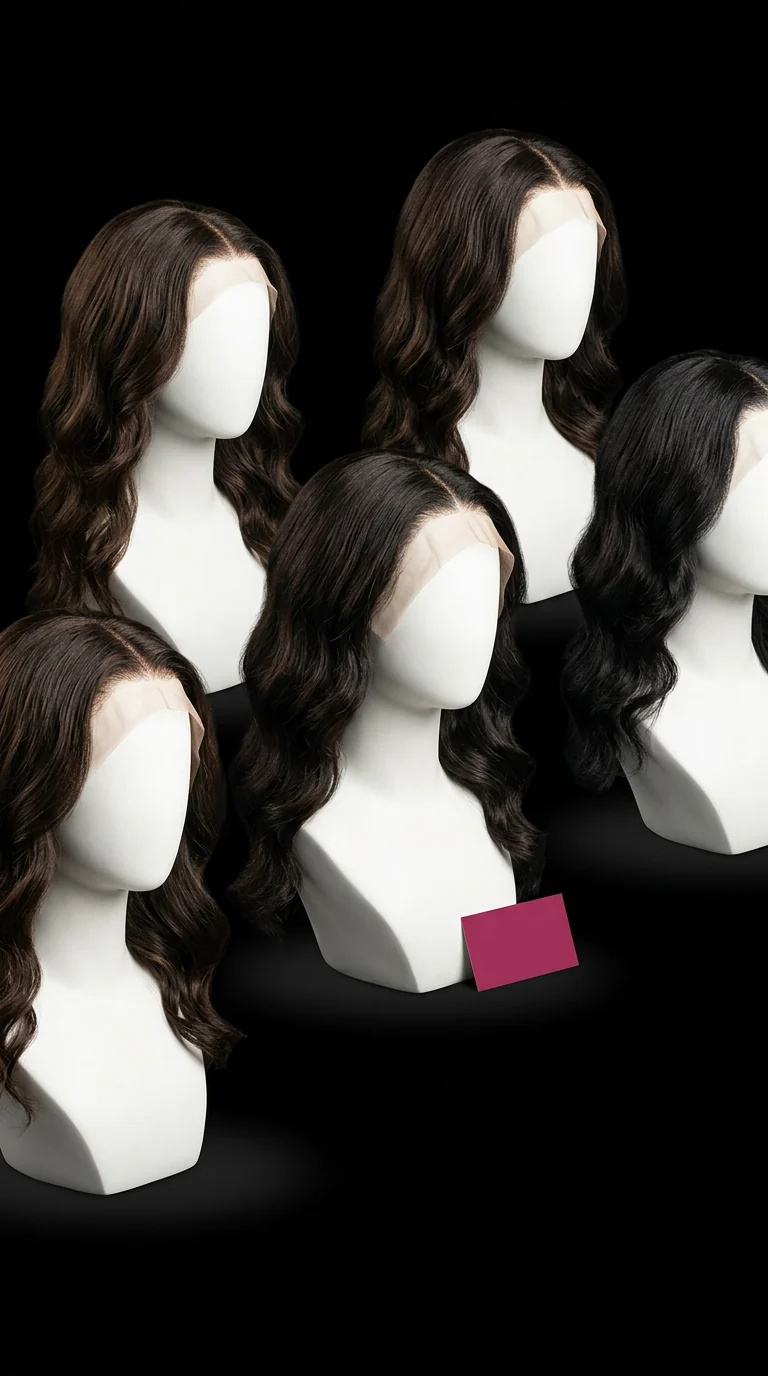 Softly styled lace wigs on white display heads