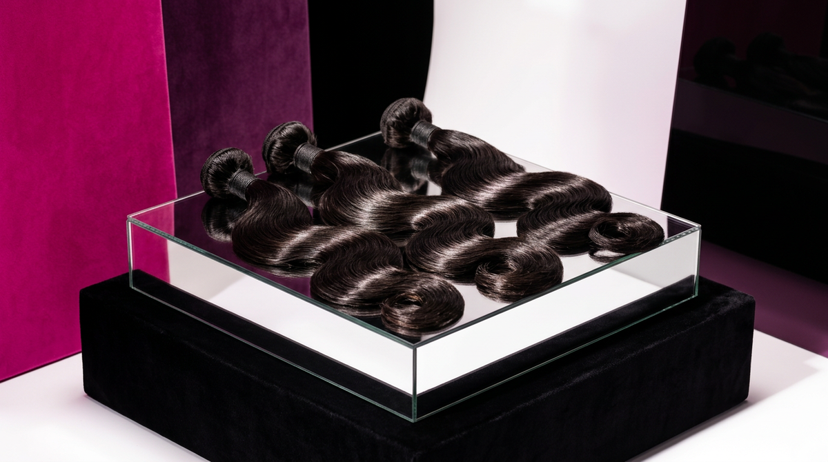 Glossy body wave bundles displayed on a mirrored plinth